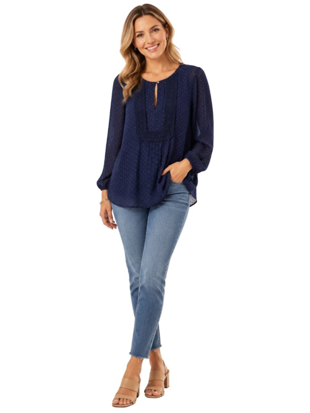 Daniel Rainn Navy Blue Sheer Swiss Dot Boho Lace Trim Blouse Medium